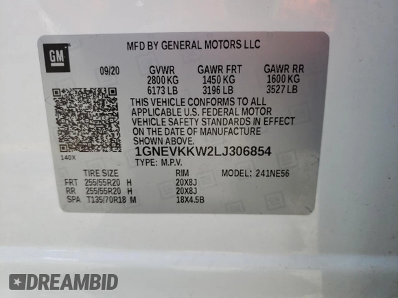 2020 Chevrolet Traverse Premier with VIN 1GNEVKKW2LJ306854, listed as a Copart auction lot 37350134 with 57,508 mi miles. Bid and sale history available at carsss.com. Image 14.