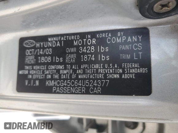 2004 Hyundai Accent GL with VIN KMHCG45C64U524377, listed as a Copart auction lot 53976094 with 65,230 mi miles and Non Repairable. Bid and sale history available at carsss.com. Image 12.