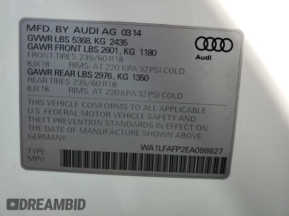 2014 Audi Q5 Premium Plus with VIN WA1LFAFP2EA098627, listed as a Copart auction lot 53249185 with 225,246 mi miles and Salvage Title. Bid and sale history available at carsss.com. Image 13.