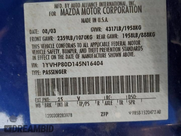 2004 Mazda Mazda6 s with VIN 1YVHP80D145N16404, listed as a Copart auction lot 44018745 with 202,197 mi miles and Salvage Title. Bid and sale history available at carsss.com. Image 12.