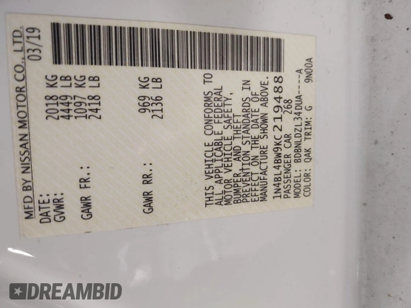2019 Nissan Altima 2.5 S with VIN 1N4BL4BW9KC219488, listed as a IAAI auction lot 41410079 with 109,281 mi miles. Bid and sale history available at carsss.com. Image 9.