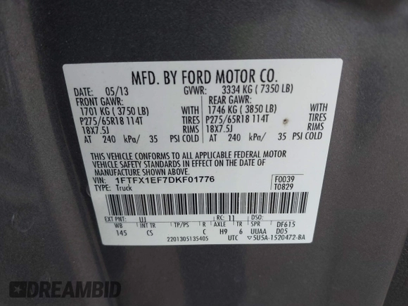 2013 Ford F-150 XL with VIN 1FTFX1EF7DKF01776, listed as a IAAI auction lot 38849960 with 178,919 mi miles and . Bid and sale history available at carsss.com. Image 9.