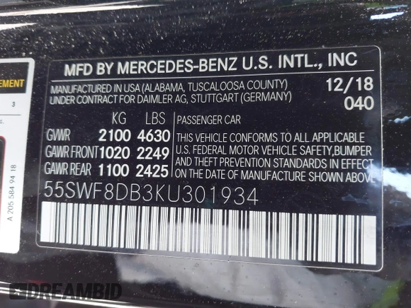 2019 Mercedes-Benz C 300 with VIN 55SWF8DB3KU301934, listed as a IAAI auction lot 42195040 with 58,816 mi miles and . Bid and sale history available at DreamBid. Image 9.