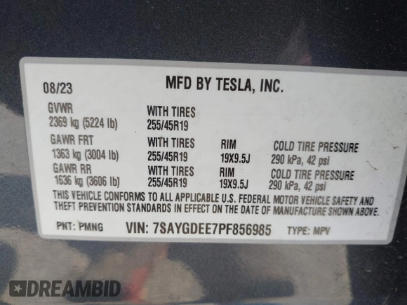 2023 Tesla Model Y Long Range with VIN 7SAYGDEE7PF856985, listed as a IAAI auction lot 42097675 with 13,112 mi miles and . Bid and sale history available at DreamBid. Image 9.