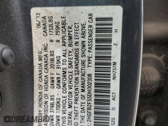 2013 Honda Civic LX with VIN 2HGFB2F55DH302308, listed as a Copart auction lot 60757165 with 70,204 mi miles and Salvage title. Bid and sale history available at DreamBid. Image 12.