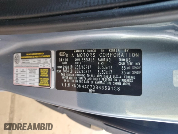 2011 Kia Sedona EX with VIN KNDMH4C70B6369158, listed as a Copart auction lot 53392605 with 0 mi miles and Clean Title. Bid and sale history available at carsss.com. Image 13.
