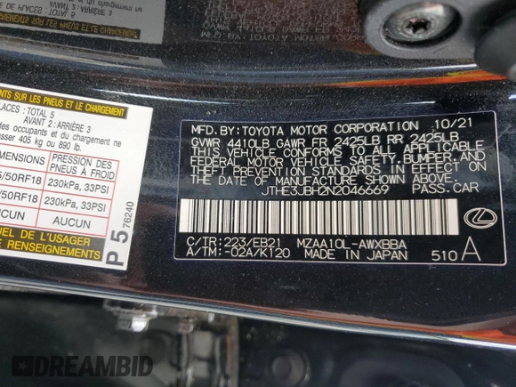 2022 Lexus UX with VIN JTHE3JBH2N2046669, listed as a Copart auction lot 72200434 with 19,880 mi miles and Non Repairable. Bid and sale history available at carsss.com. Image 14.