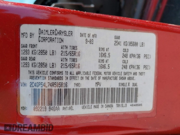 2004 Chrysler Town & Country Touring with VIN 2C4GP54L74R505816, listed as a IAAI auction lot 41900046 with Not Provided miles and . Bid and sale history available at DreamBid. Image 9.