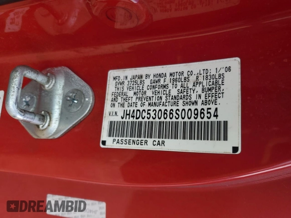 2006 Acura RSX Type S с VIN JH4DC53066S009654, выставлен на аукционе Copart как лот 43391605 с пробегом 147 631 миль миль и Чистый • Clean title. История ставок и продаж доступна на DreamBid. Изображение 13.