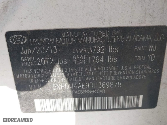 2013 Hyundai Elantra Limited with VIN 5NPDH4AE9DH369878, listed as a IAAI auction lot 41766115 with 222,777 mi miles. Bid and sale history available at carsss.com. Image 9.