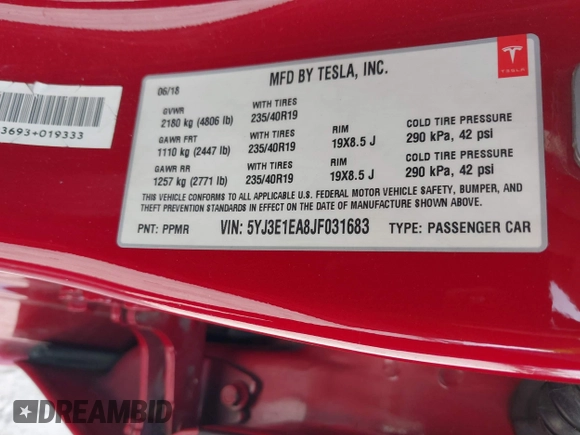 2018 Tesla Model 3 Long Range Battery with VIN 5YJ3E1EA8JF031683, listed as a IAAI auction lot 39275313 with 136,939 mi miles and . Bid and sale history available at DreamBid. Image 9.