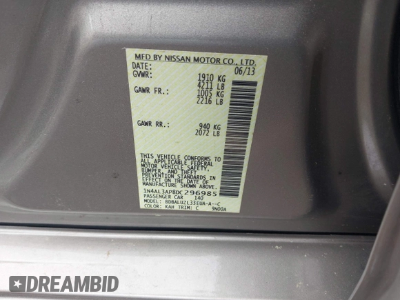 2013 Nissan Altima SV with VIN 1N4AL3AP8DC296985, listed as a IAAI auction lot 42116530 with 183,130 mi miles and . Bid and sale history available at DreamBid. Image 9.