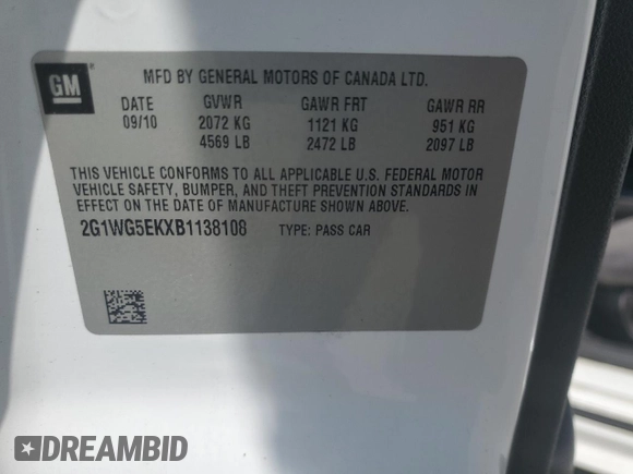 2011 Chevrolet Impala LT Fleet z VIN 2G1WG5EKXB1138108, wystawiony jako Copart lot #56046205 z przebiegiem 85 009 mil mil oraz Szkoda całkowita • Salvage title. Historia ofert i sprzedaży dostępna na DreamBid. Obrazek 12.