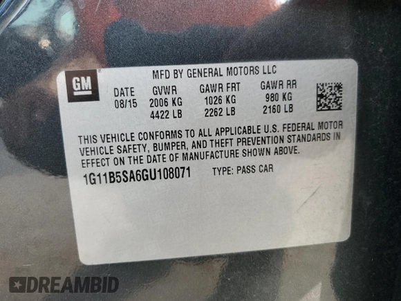 2016 Chevrolet Malibu Limited LS with VIN 1G11B5SA6GU108071, listed as a Copart auction lot 71876244 with 39,713 mi miles and Salvage Title. Bid and sale history available at carsss.com. Image 12.