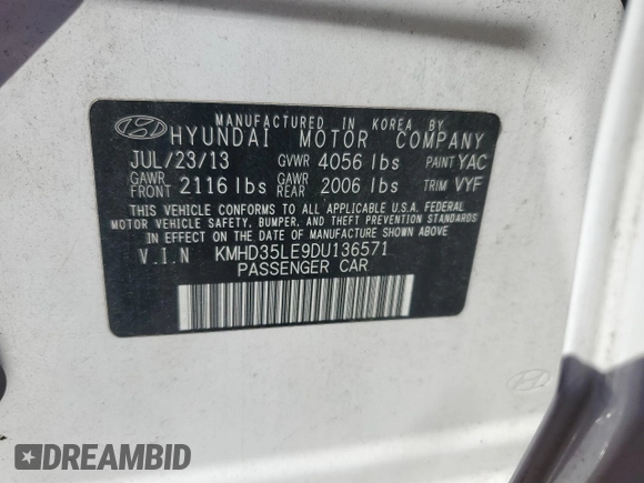 2013 Hyundai Elantra with VIN KMHD35LE9DU136571, listed as a Copart auction lot 59024955 with 105,290 mi miles and Salvage title. Bid and sale history available at DreamBid. Image 12.