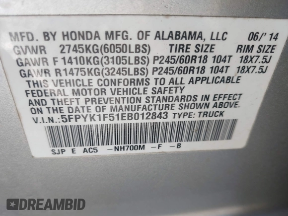 2014 Honda Ridgeline RTL z VIN 5FPYK1F51EB012843, wystawiony jako IAAI lot #41629002 z przebiegiem 114 761 mil mil oraz . Historia ofert i sprzedaży dostępna na DreamBid. Obrazek 9.