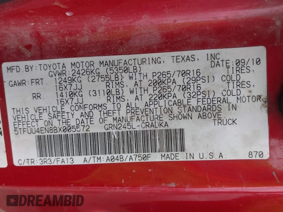 2011 Toyota Tacoma with VIN 5TFUU4EN8BX005572, listed as a IAAI auction lot 41460605 with 175,032 mi miles. Bid and sale history available at carsss.com. Image 9.