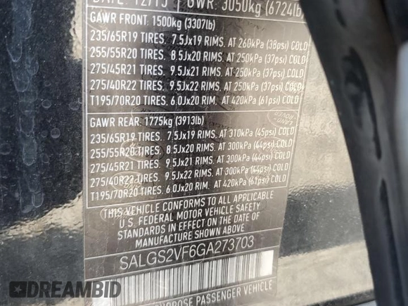 2016 Land Rover Range Rover with VIN SALGS2VF6GA273703, listed as a Copart auction lot 54392155 with 94,496 mi miles and Clean Title. Bid and sale history available at DreamBid. Image 13.
