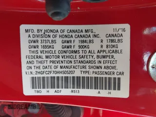 2017 Honda Civic EX z VIN 2HGFC2F70HH505207, wystawiony jako IAAI lot #42256171 z przebiegiem 66 184 mil mil oraz . Historia ofert i sprzedaży dostępna na DreamBid. Obrazek 9.