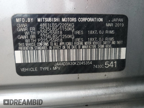 2019 Mitsubishi Outlander SE with VIN JA4AD3A30KZ045354, listed as a Copart auction lot 63385505 with 88,324 mi miles and Clean title. Bid and sale history available at DreamBid. Image 13.