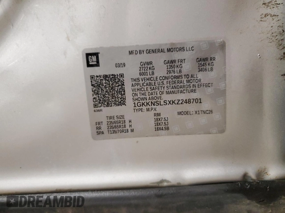2019 GMC Acadia SLE with VIN 1GKKNSLSXKZ248701, listed as a Copart auction lot 43270355 with 45,977 mi miles and Non Repairable. Bid and sale history available at DreamBid. Image 13.