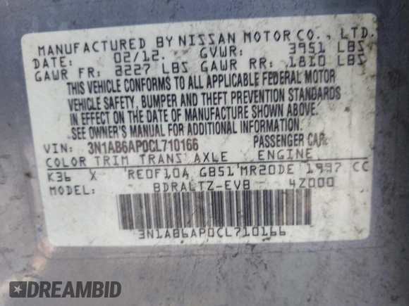 2012 Nissan Sentra SR with VIN 3N1AB6AP0CL710166, listed as a IAAI auction lot 42142125 with Not Provided miles and . Bid and sale history available at DreamBid. Image 9.