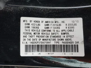 2014 Honda Accord Sport with VIN 1HGCR2F57EA070647, listed as a IAAI auction lot 41732469 with 167,146 mi miles and . Bid and sale history available at carsss.com. Image 9.