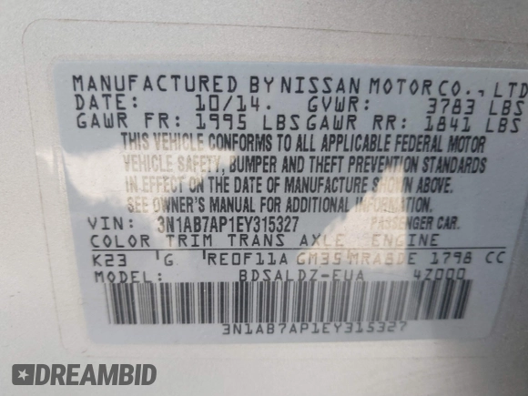 2014 Nissan Sentra SR with VIN 3N1AB7AP1EY315327, listed as a IAAI auction lot 41806824 with 103,000 mi miles and . Bid and sale history available at DreamBid. Image 9.