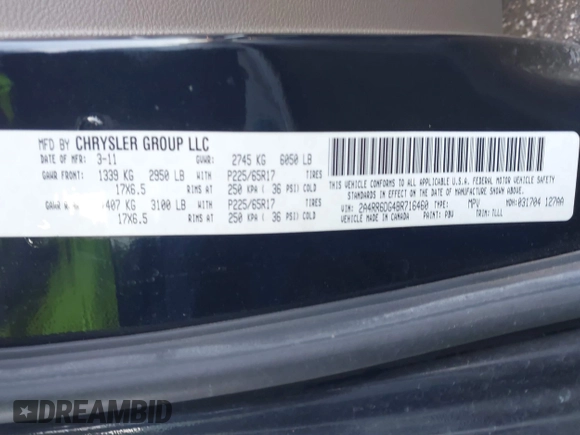 2011 Chrysler Town & Country Limited with VIN 2A4RR6DG4BR716460, listed as a IAAI auction lot 41073221 with 136,779 mi miles. Bid and sale history available at carsss.com. Image 9.