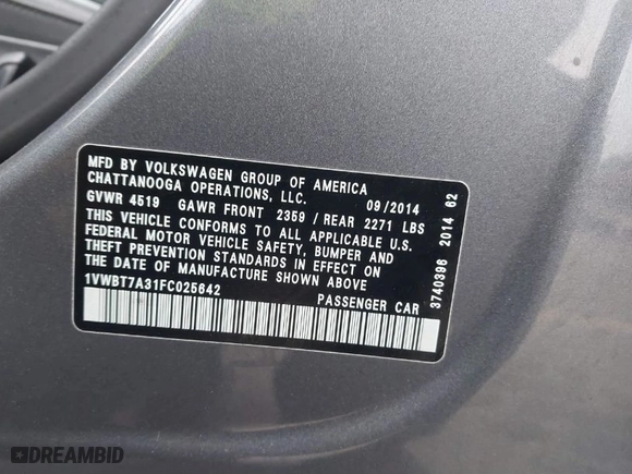 2015 Volkswagen Passat 1.8T SE w/Sunroof & Nav with VIN 1VWBT7A31FC025642, listed as a IAAI auction lot 41174819 with 120,023 mi miles. Bid and sale history available at carsss.com. Image 9.