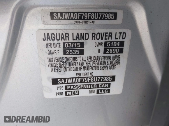 2015 Jaguar XF V6 Portfolio with VIN SAJWA0F79F8U77985, listed as a IAAI auction lot 41386030 with 81,335 mi miles. Bid and sale history available at carsss.com. Image 9.