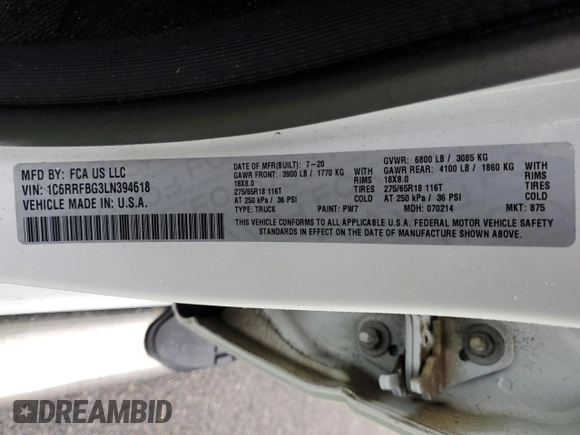2020 Ram 1500 Big Horn with VIN 1C6RRFBG3LN394618, listed as a Copart auction lot 49051465 with 71,379 mi miles and Salvage Title. Bid and sale history available at carsss.com. Image 13.