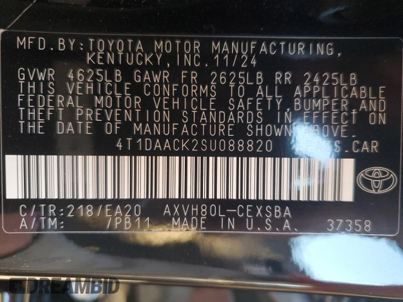 2025 Toyota Camry LE with VIN 4T1DAACK2SU088820, listed as a Copart auction lot 87461624 with 455 mi miles and Salvage Title. Bid and sale history available at carsss.com. Image 13.