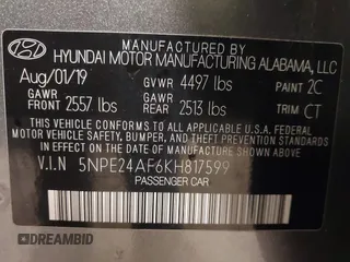 2019 Hyundai Sonata SE with VIN 5NPE24AF6KH817599, listed as a IAAI auction lot 41767384 with 43,596 mi miles and . Bid and sale history available at carsss.com. Image 9.