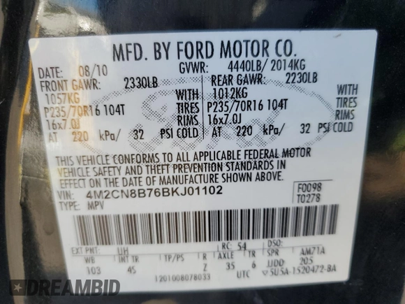 2011 Mercury Mariner с VIN 4M2CN8B76BKJ01102, выставлен на аукционе Copart как лот 88304515 с пробегом 109 684 миль миль и Списание • Salvage title. История ставок и продаж доступна на DreamBid. Изображение 15.