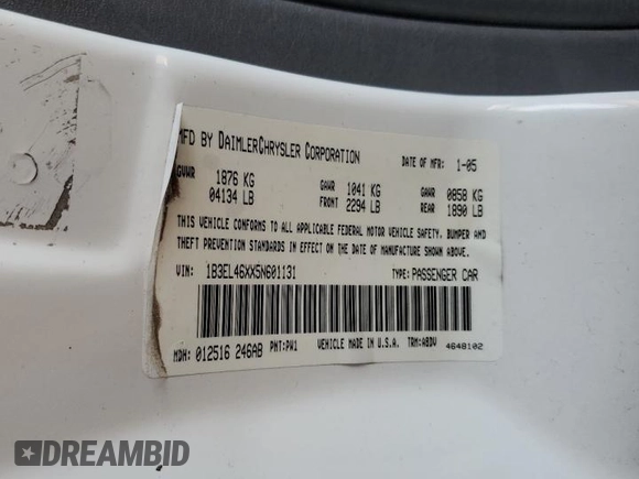 2005 Dodge Stratus SXT z VIN 1B3EL46XX5N601131, wystawiony jako Copart lot #52781045 z przebiegiem 129 089 mil mil oraz Szkoda całkowita • Salvage title. Historia ofert i sprzedaży dostępna na DreamBid. Obrazek 13.