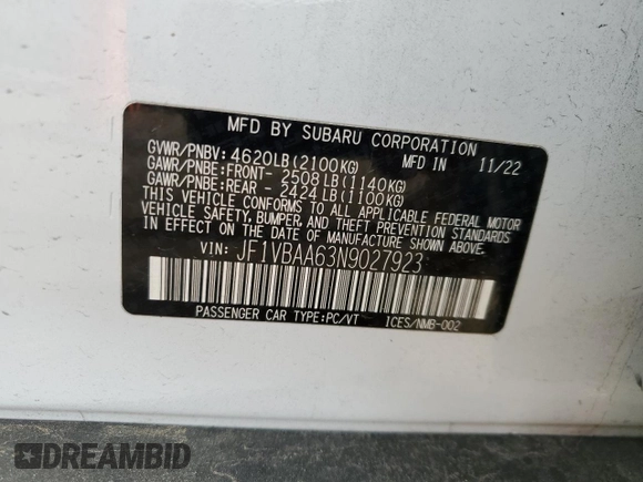 2022 Subaru WRX z VIN JF1VBAA63N9027923, wystawiony jako Copart lot #54245105 z przebiegiem 45 631 mil mil oraz Czysty tytuł • Clean title. Historia ofert i sprzedaży dostępna na DreamBid. Obrazek 12.