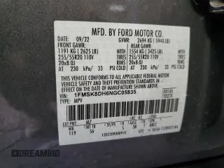 2022 Ford Explorer XLT with VIN 1FMSK8DH6NGC05835, listed as a Copart auction lot 56245535 with 54,839 mi miles and Salvage title. Bid and sale history available at DreamBid. Image 13.