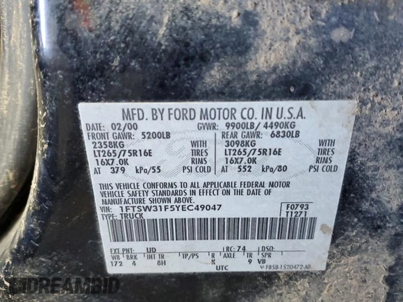 2000 Ford F-350 XL with VIN 1FTSW31F5YEC49047, listed as a Copart auction lot 71756504 with Not Provided miles and Salvage Title. Bid and sale history available at DreamBid. Image 12.