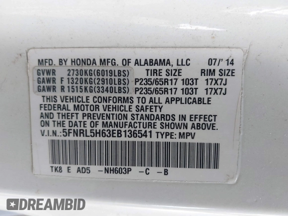 2014 Honda Odyssey EX-L with VIN 5FNRL5H63EB136541, listed as a IAAI auction lot 41866320 with 148,696 mi miles and . Bid and sale history available at DreamBid. Image 9.