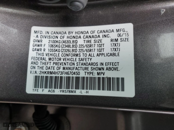 2015 Honda CR-V EX-L with VIN 2HKRM4H73FH670450, listed as a Copart auction lot 50390855 with 148,959 mi miles and Salvage Title. Bid and sale history available at carsss.com. Image 13.