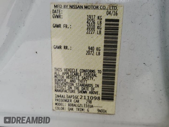 2016 Nissan Altima S with VIN 1N4AL3AP1GC211098, listed as a Copart auction lot 50296235 with 114,064 mi miles and Salvage title. Bid and sale history available at DreamBid. Image 14.
