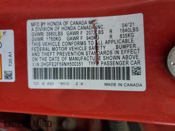 2022 Honda Civic Sedan Sport with VIN 2HGFE2F59NH500351, listed as a Copart auction lot 49440725 with 60,425 mi miles and Salvage Title. Bid and sale history available at carsss.com. Image 14.