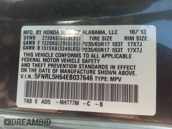 2014 Honda Odyssey EX-L with VIN 5FNRL5H64EB037646, listed as a IAAI auction lot 41786768 with 116,491 mi miles and . Bid and sale history available at carsss.com. Image 9.