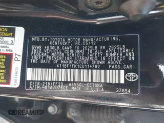 2012 Toyota Camry L with VIN 4T1BF1FK1CU114782, listed as a IAAI auction lot 41844323 with 211,640 mi miles and . Bid and sale history available at DreamBid. Image 9.