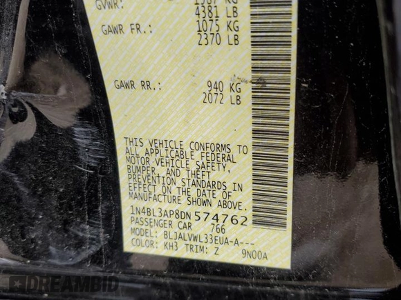 2013 Nissan Altima SV z VIN 1N4BL3AP8DN574762, wystawiony jako Copart lot #57657585 z przebiegiem 135 045 mil mil oraz Szkoda całkowita • Salvage title. Historia ofert i sprzedaży dostępna na DreamBid. Obrazek 12.