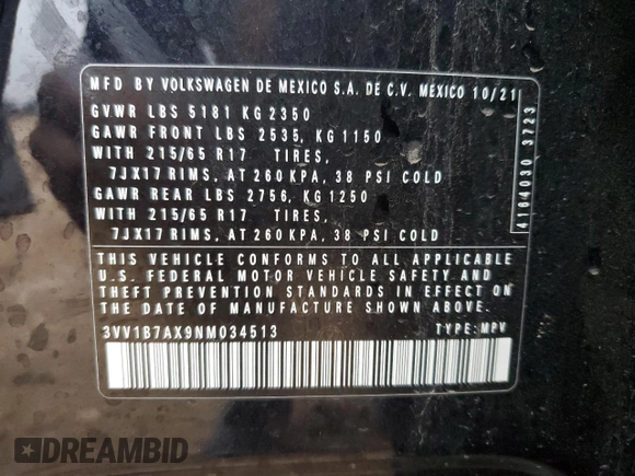 2022 Volkswagen Tiguan S z VIN 3VV1B7AX9NM034513, wystawiony jako Copart lot #43019025 z przebiegiem 71 010 mil mil oraz Szkoda całkowita • Salvage title. Historia ofert i sprzedaży dostępna na DreamBid. Obrazek 16.