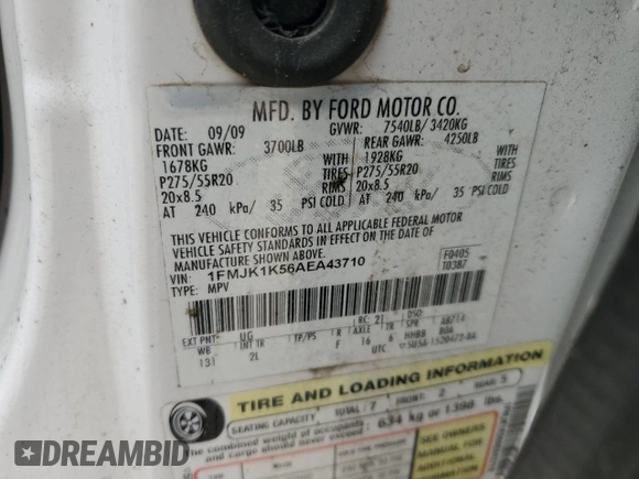2010 Ford Expedition Max Limited with VIN 1FMJK1K56AEA43710, listed as a Copart auction lot 85659444 with 288,454 mi miles and Salvage Title. Bid and sale history available at DreamBid. Image 14.