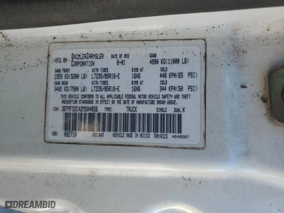 2002 Dodge Ram 3500 with VIN 3B7MF33C42M204856, listed as a Copart auction lot 75734824 with 109,735 mi miles and Salvage Title. Bid and sale history available at carsss.com. Image 12.