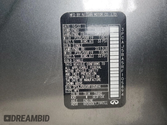 2024 Infiniti QX50 Luxe z VIN 3PCAJ5BA5RF105894, wystawiony jako Copart lot #62565715 z przebiegiem Nie podano mil oraz Nie do naprawy • Non repairable. Historia ofert i sprzedaży dostępna na DreamBid. Obrazek 14.